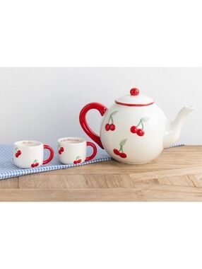 Cherry Ceramic Teapot (41 oz) with Lid and 2 mugs (3 oz)